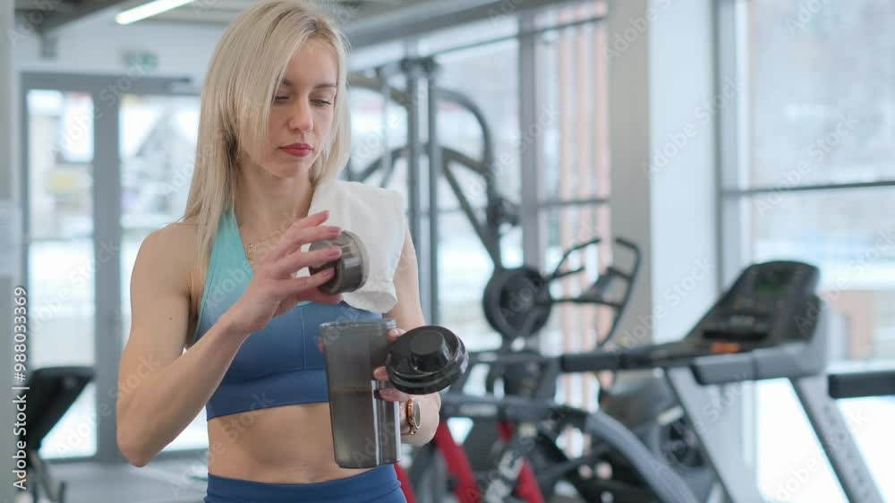 Engaging video shows a woman in a gym, focused on fitness and hydration Engaging video shows a woman in a gym, focused on fitness and hydration