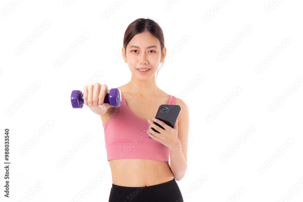 Portrait young asian woman lifting punch dumbbell and watching smartphone isolated white background, female fitness workout training holding dumbbell for muscle strong and strength, sport concept. Portrait young asian woman lifting punch dumbbell and watching smartphone isolated white background, female fitness workout training holding dumbbell for muscle strong and strength, sport concept.
