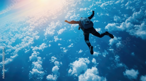 Wallpaper Mural A breathtaking view of a skydiver free-falling through soft clouds under a radiant sun in a clear blue sky. Torontodigital.ca