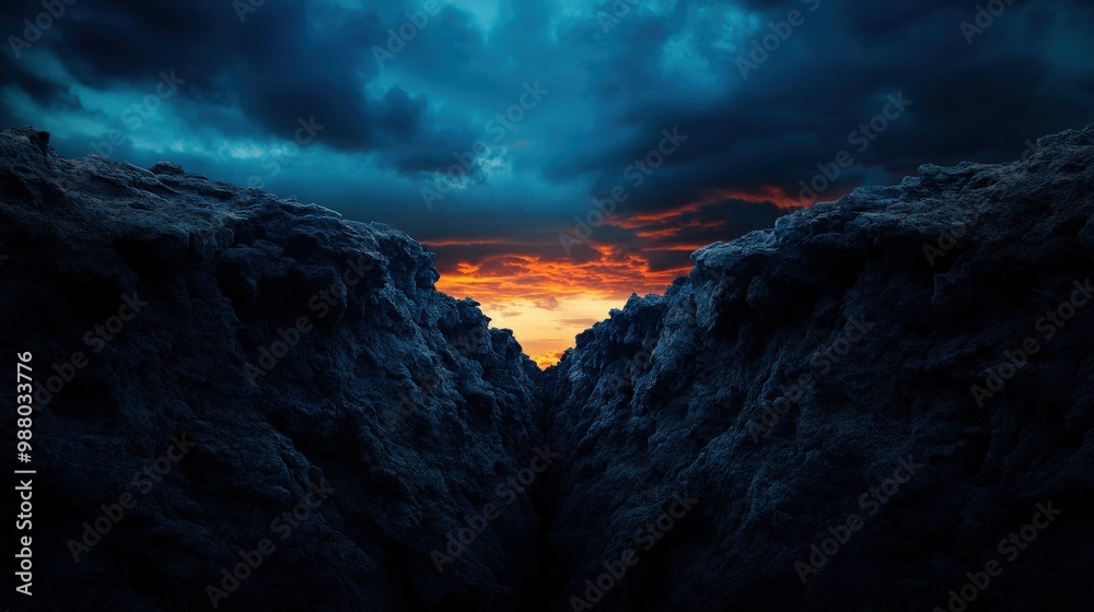 Fototapeta premium A dramatic landscape featuring a deep canyon under a moody sky, illuminated by a striking sunset on the horizon.