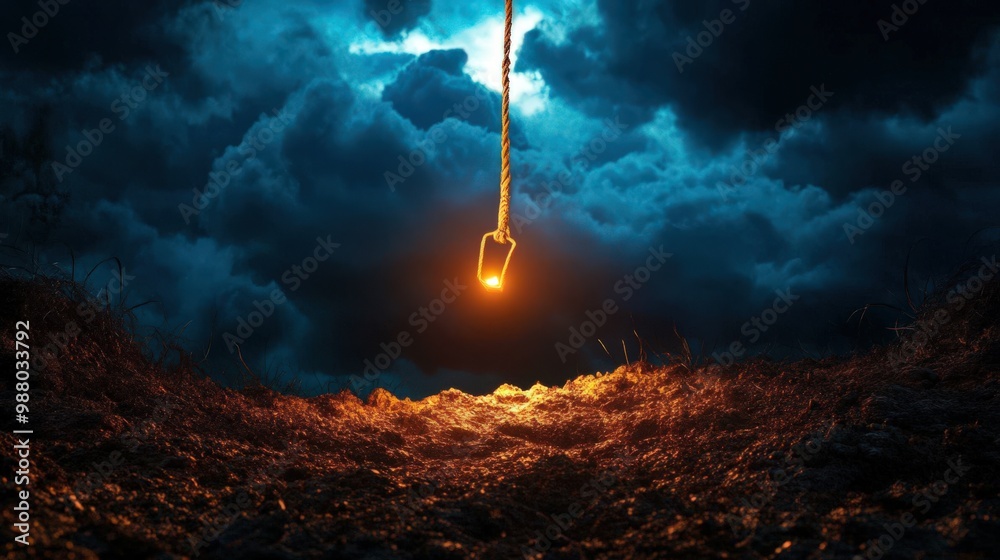 Fototapeta premium A dramatic scene of an illuminated light hanging in a dark, moody landscape beneath stormy clouds.