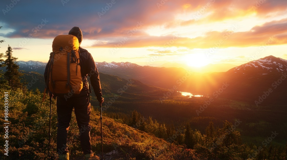 Fototapeta premium A lone hiker gazes at a breathtaking sunset over mountains, embracing nature's beauty and adventure.