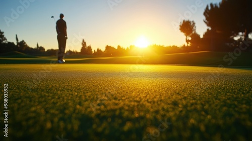 A golfer prepares for a swing at sunset, capturing the serene beauty of a golf course bathed in golden light.