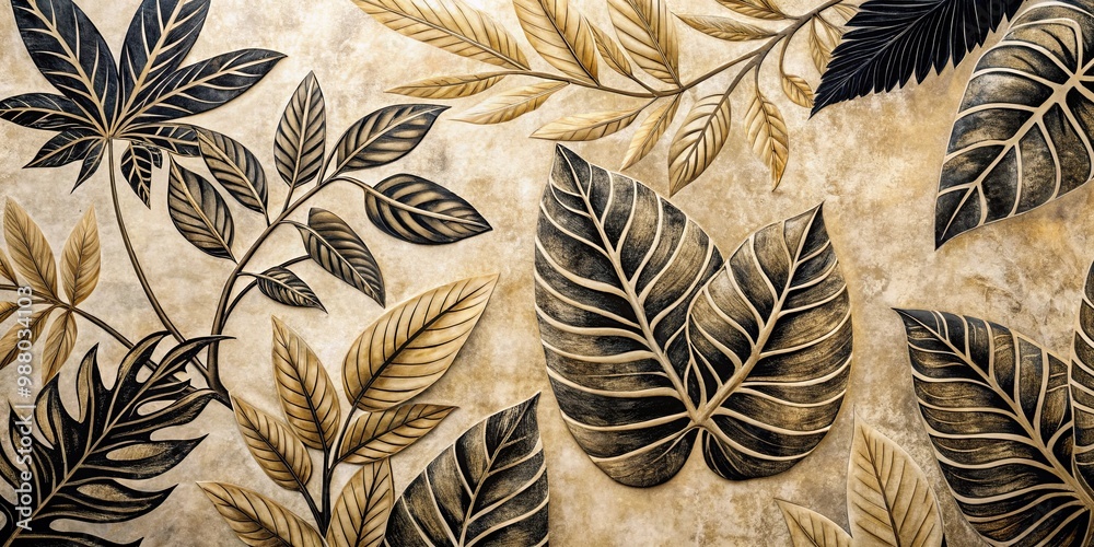 Close up of beige and black leaves painting on wall with detailed leaf textures Close up of beige and black leaves painting on wall with detailed leaf textures
