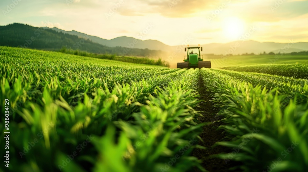 A serene landscape featuring a tractor working in lush green fields at sunset, symbolizing agriculture and rural life. A serene landscape featuring a tractor working in lush green fields at sunset, symbolizing agriculture and rural life.