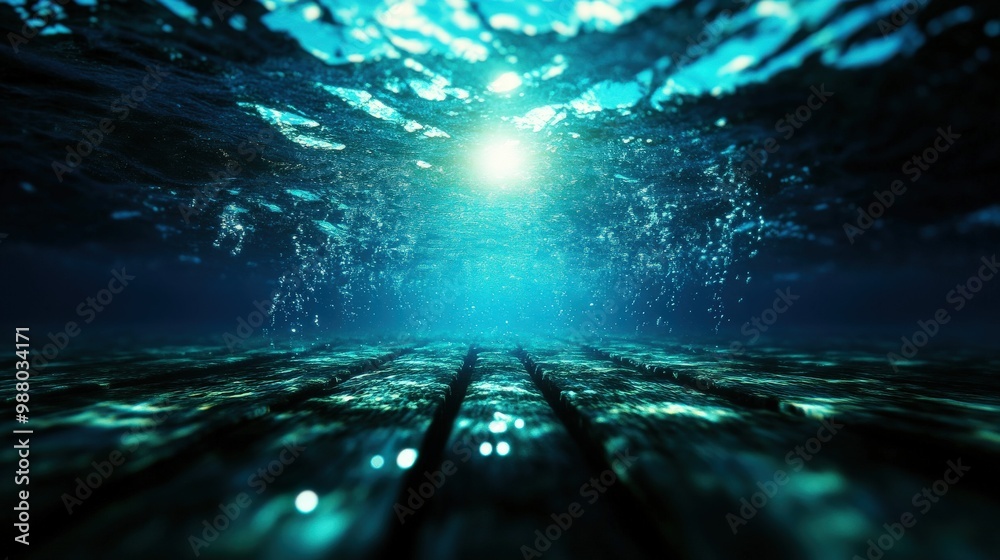 Obraz premium A serene underwater scene illuminated by soft light, showcasing tranquil water, bubbles, and a wooden surface in focus.