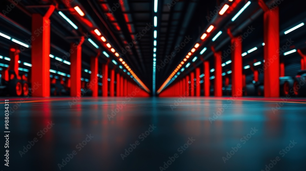 A striking modern space with vivid red columns and sleek flooring, creating a dynamic visual effect and a sense of depth. A striking modern space with vivid red columns and sleek flooring, creating a dynamic visual effect and a sense of depth.