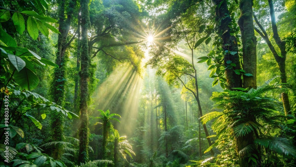 Obraz premium Sunlight streaming through lush tropical rainforest trees in Costa Rica jungle