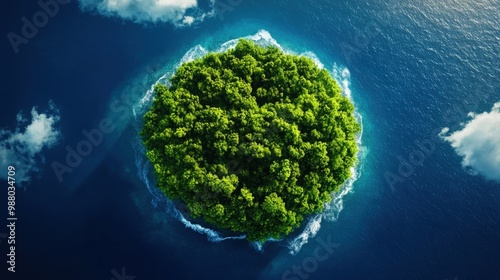 Aerial view of a lush green island surrounded by clear blue water and clouds, showcasing nature's beauty and serenity.