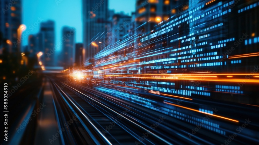 Fototapeta premium Dynamic cityscape at dusk, featuring light trails and vibrant colors, illustrating the energy of urban transportation.