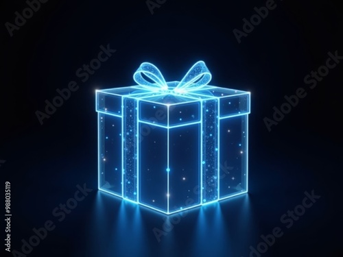 3D illustration of blue neon gift box hologram isolated on black background.