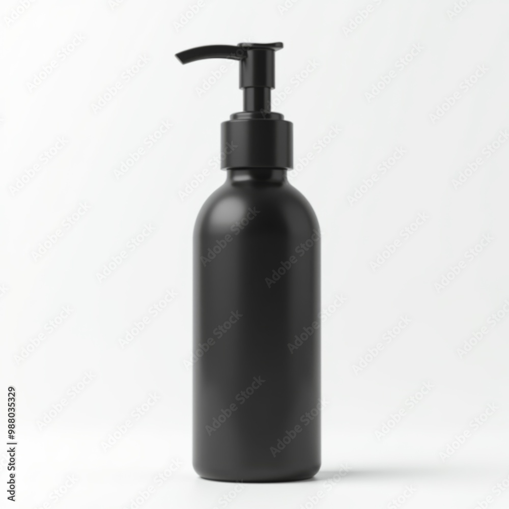 Realistic black bottle with batcher pump, for gel, soap, body wash, lotion, shampoo, on white background.