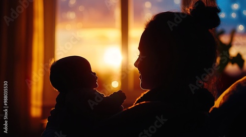 Silhouette of mother holding baby against sunset