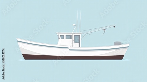 Serene White Fishing Boat in Minimalist Flat Vector Style on Pastel Background