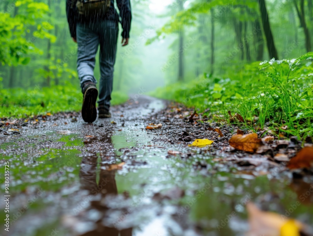 Person walking on muddy path through green forest with misty atmosphere. Person walking on muddy path through green forest with misty atmosphere.