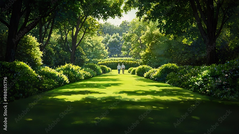 Naklejka premium Couple walking on a path in a lush green garden.