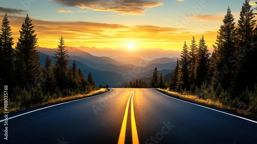 Scenic road winding through mountains during sunset with vibrant sky and trees lining the pathway.