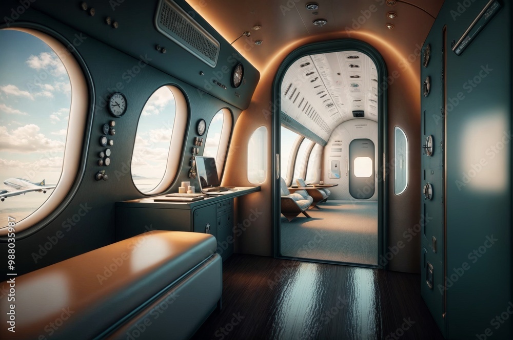 Obraz premium Elegant private jet interior featuring a comfortable seating area, work desk, and large windows showcasing an aircraft in the background...