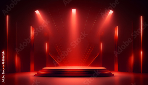 Product display presentation on luxury red empty podium stand with shiny particles glamor to showcase stage advertising for cosmetics and beauty. Shining scene. Beautiful background. Generative AI