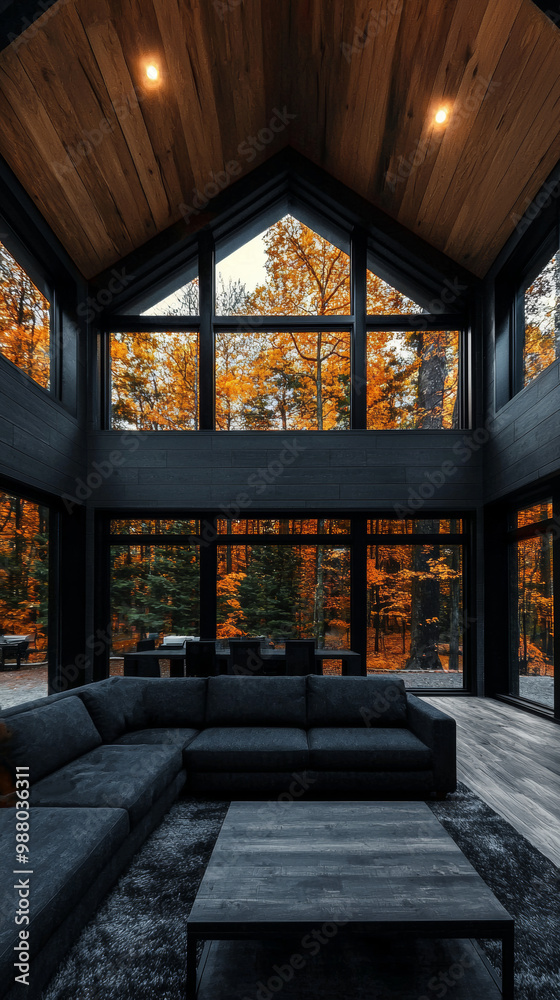 Spacious living room with a large sectional sofa and a view of the fall foliage through expansive windows. Spacious living room with a large sectional sofa and a view of the fall foliage through expansive windows.