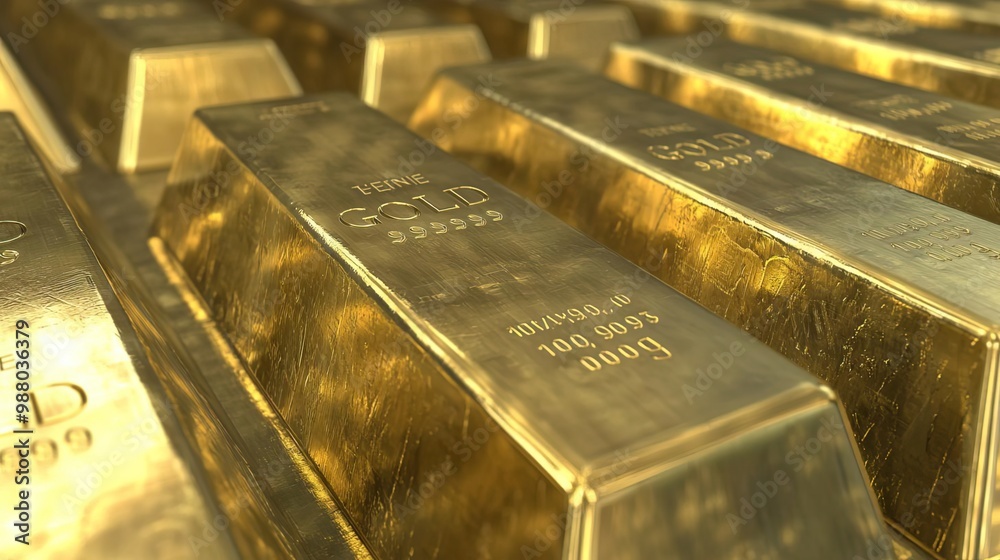 Closeup of shiny gold bars stacked on a table. Closeup of shiny gold bars stacked on a table.