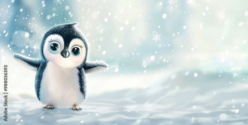 Naklejka premium Adorable penguin in snowy winter scene captures valentine's day charm. AI