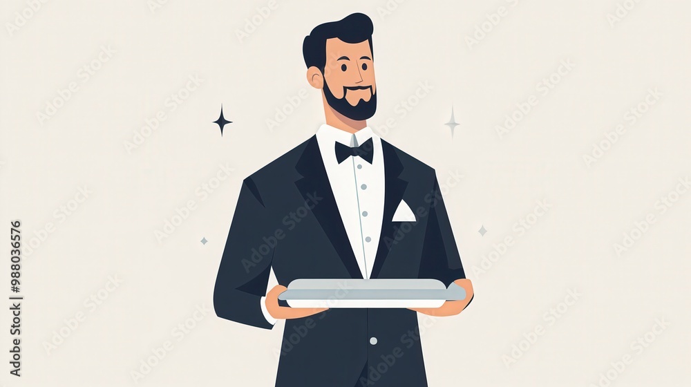 Minimal 2D Flat Vector Illustration of Butler Holding Silver Tray with Geometric Shapes and Pastel Accents on Transparent Background Minimal 2D Flat Vector Illustration of Butler Holding Silver Tray with Geometric Shapes and Pastel Accents on Transparent Background