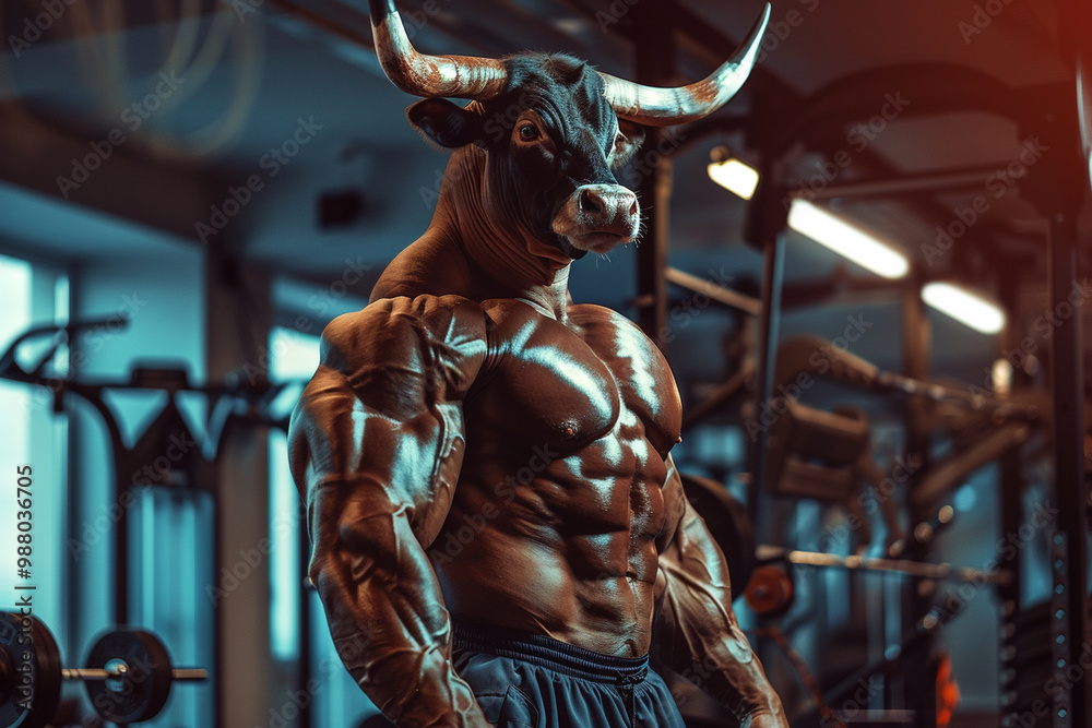 Muscled Bull with Biceps and Abs in Gym Muscled Bull with Biceps and Abs in Gym