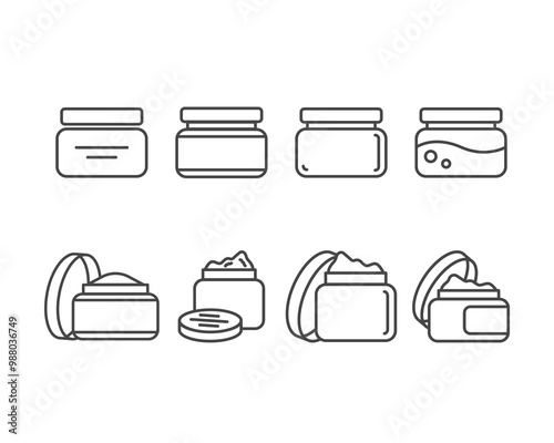 Collection vector icons of beauty, cosmetics and care. Bottle, jar, shower gel, face cream, body lotion, spray, ointment, paste.