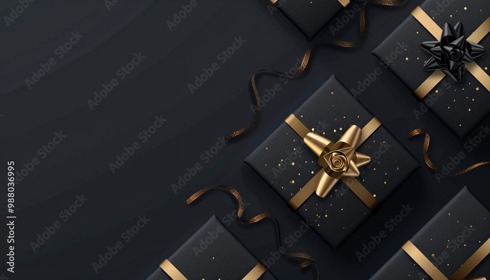 Black gift boxes with golden bows on a black background – perfect for luxury themes and special occasions Black gift boxes with golden bows on a black background – perfect for luxury themes and special occasions