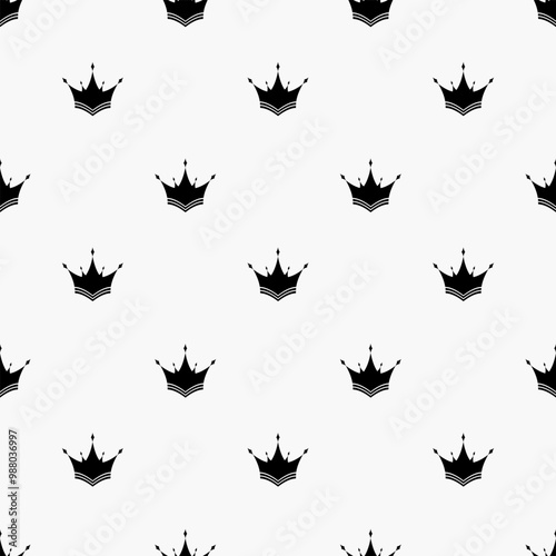 Monochrome elegant seamless crown pattern.  is a sophisticated design with black crowns evenly distributed on a white background. The crowns are made in a minimalist and geometrically strict style.