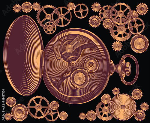 Antique pocket mechanical watches and gears. Design set. Editable hand drawn illustration. Vector vintage engraving. Isolated on black background. 8 EPS