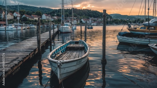 A serene harbor scene at sunset with a moored rowboat, calm waters, and nearby sailboats, capturing the tranquility of the evening by the docks... photo