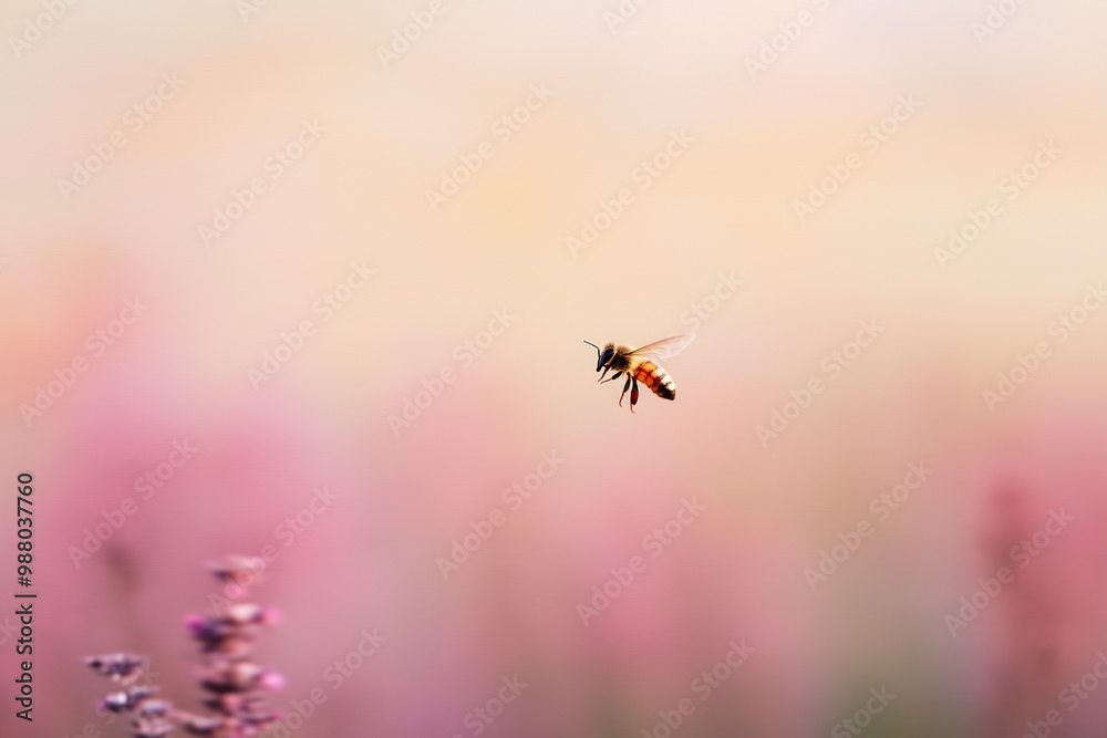 Fototapeta premium A bee is flying in the air above a field of purple flowers