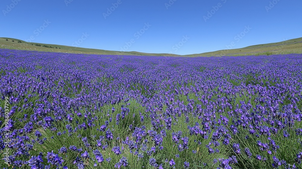Fototapeta premium Expansive Lavender Field Under Clear Blue Sky