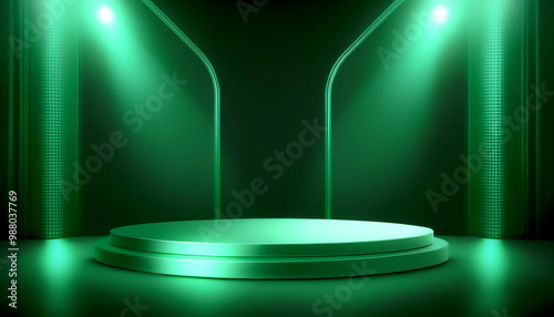 Product display presentation on luxury green empty podium stand with shiny particles glamor to showcase stage advertising for cosmetics and beauty. Shining scene. Beautiful background. Generative AI