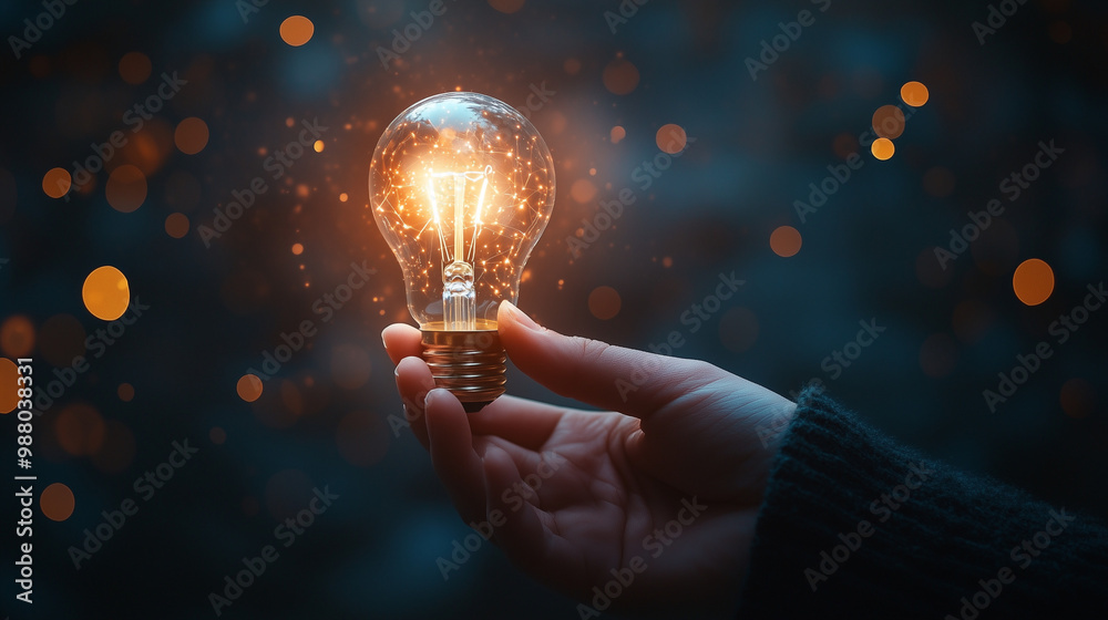 A hand holding a light bulb with a glowing effect on a dark background, symbolizing the concept of ideas and innovation. This AI-generated digital technology image represents a futuristic

