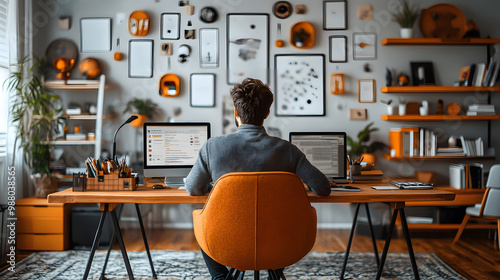 A stylish workspace featuring a person working on a computer surrounded by modern decor and organized art displays. photo