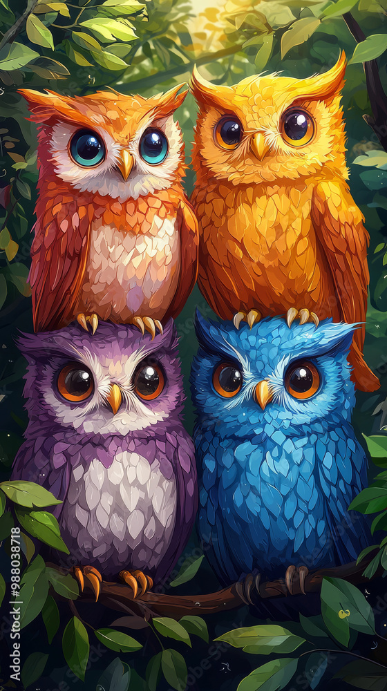 Fototapeta premium Four colorful owls perched on a branch.