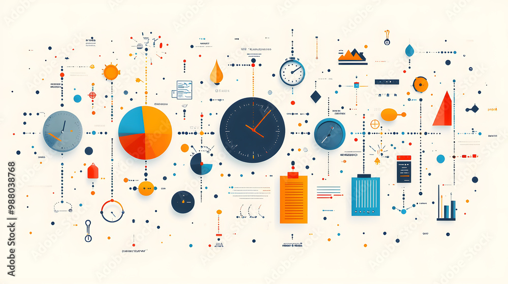 Obraz premium Colorful abstract design featuring clocks, charts, and geometric shapes representing time, data, and measurement concepts.