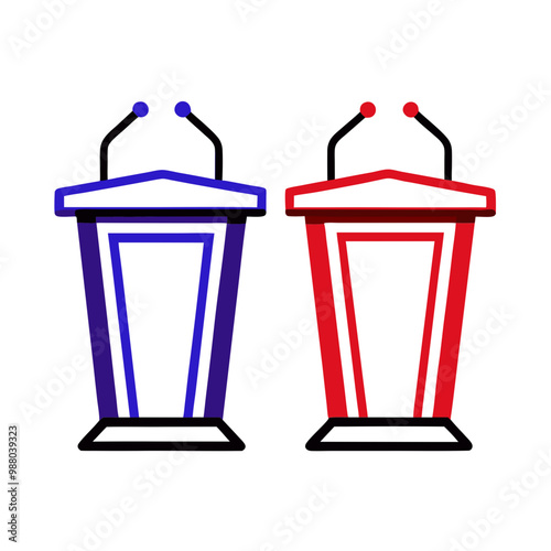 Debate podiums in red and blue, symbolizing political debates during elections