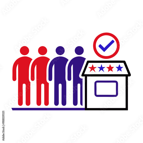 Red and blue figures lining up to vote at a polling station icon