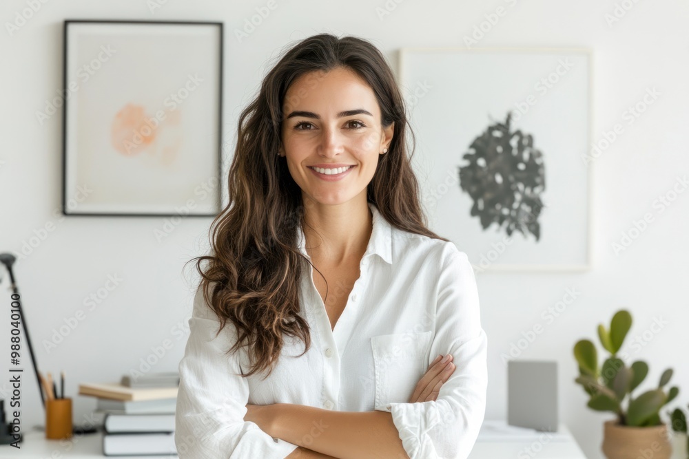 Business woman posing in home office setup on solid white background, single object Business woman posing in home office setup on solid white background, single object