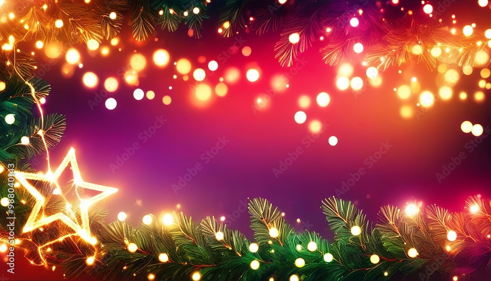Gold Star, bokeh and christmas leaves background. Made with generative AI technology Gold Star, bokeh and christmas leaves background. Made with generative AI technology