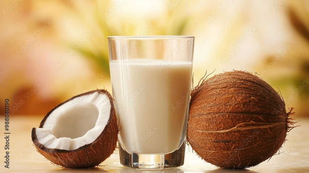 Coconut milk, in a glass or bowl, with a fresh coconut beside it, emphasizing its tropical origins and rich, creamy texture, presented in a bright and vibrant setting. Coconut milk, in a glass or bowl, with a fresh coconut beside it, emphasizing its tropical origins and rich, creamy texture, presented in a bright and vibrant setting.