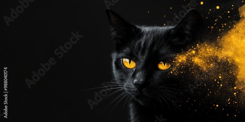 A captivating black cat with glowing orange eyes, featuring a mystical golden dust effect against a dark background.