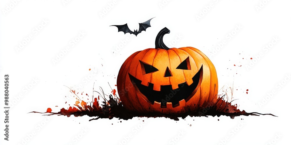 A spooky Halloween pumpkin with a carved face, surrounded by splatters and a flying bat, perfect for festive designs. A spooky Halloween pumpkin with a carved face, surrounded by splatters and a flying bat, perfect for festive designs.
