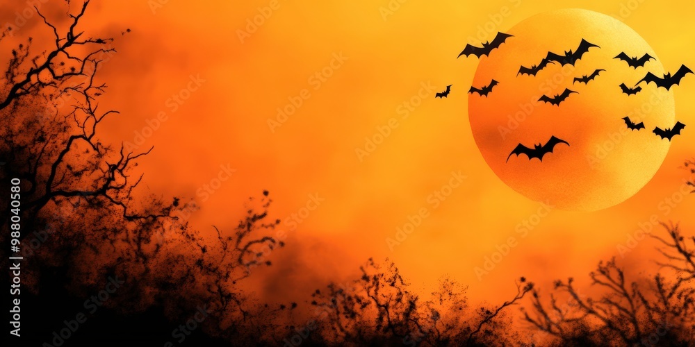 A spooky Halloween scene with a blood-orange sky, silhouetted bats, and eerie trees against a glowing sunset. A spooky Halloween scene with a blood-orange sky, silhouetted bats, and eerie trees against a glowing sunset.