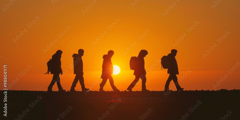 Fototapeta premium A group of hikers walking in a line, silhouetted against an orange sunset sky