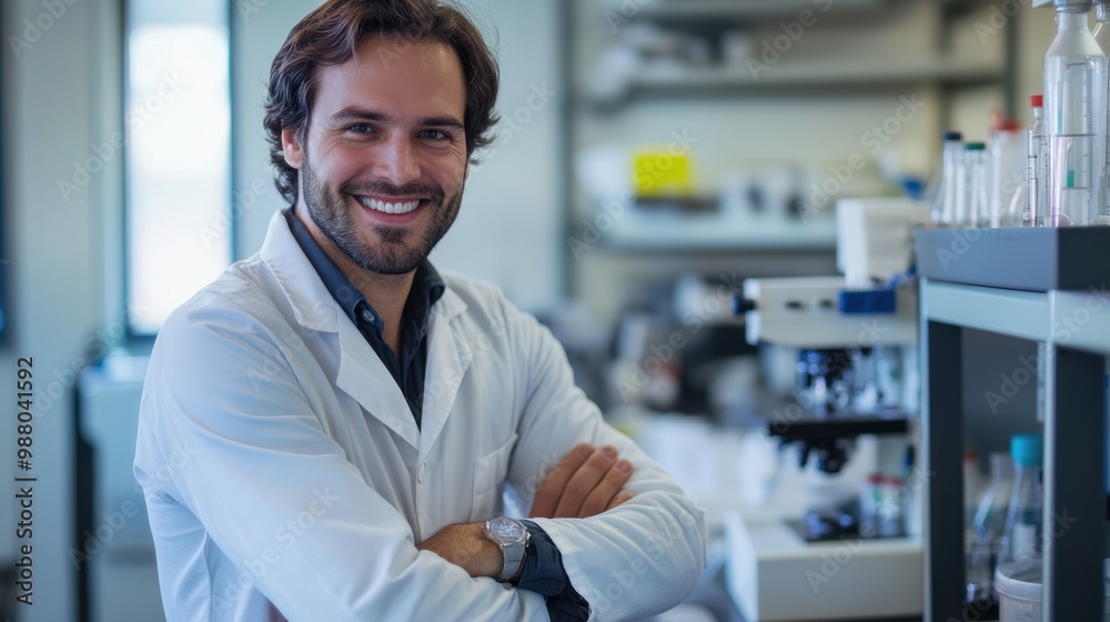Happy engineer man in innovative materials research, actively engaged with advanced materials, showcasing cutting-edge discoveries and futuristic applications in a high-tech lab. Happy engineer man in innovative materials research, actively engaged with advanced materials, showcasing cutting-edge discoveries and futuristic applications in a high-tech lab.